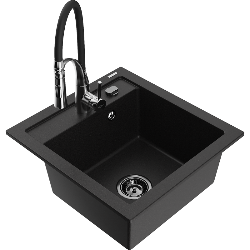 Mexen Vito fregadero de granito de 1 cubeta con grifo de cocina Aster, negro - 6503-77-73450-07-B