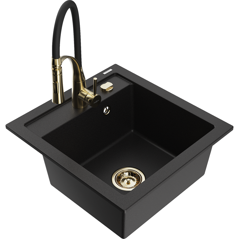 Mexen Vito lava-louça de granito de 1 câmara com torneira de cozinha Aster, preto - 6503-77-73450-57-G