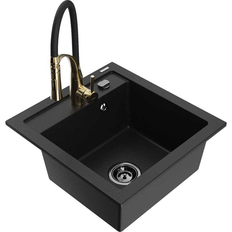Mexen Vito fregadero de granito de 1 cubeta con grifo de cocina Aster, negro - 6503-77-73450-57-B