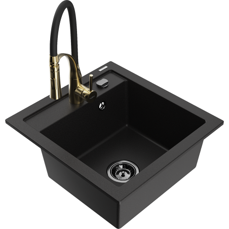 Mexen Vito fregadero de granito de 1 cubeta con grifo de cocina Aster, negro - 6503-77-73450-57-B