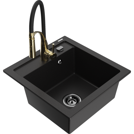 Mexen Vito granit sink with single bowl and Aster kitchen faucet, black - 6503-77-73450-57-B