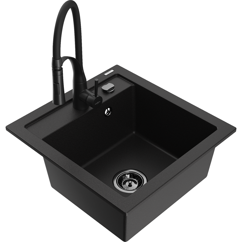 Mexen Vito granieten gootsteen 1-komors met keukenmengkraan Aster, zwart - 6503-77-73450-70-B