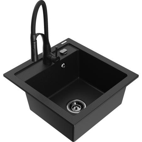 Mexen Vito granite sink 1-bowl with Aster kitchen tap, black - 6503-77-73450-70-B