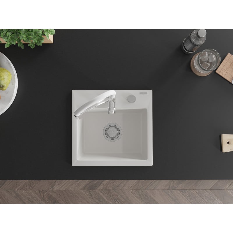 Mexen Milo lavello da cucina in granito a 1 vasca con rubinetto Aster, bianco - 6505-20-73450-02