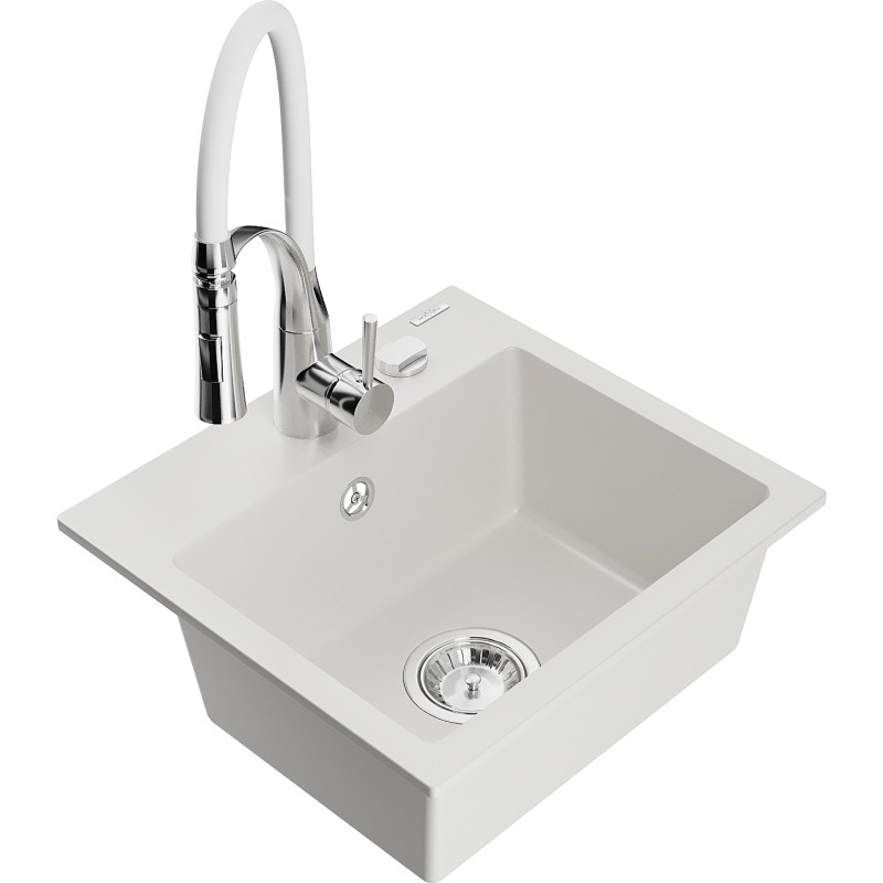 Mexen Milo évier en granit 1 bac avec robinet de cuisine Aster, blanc - 6505-20-73450-02