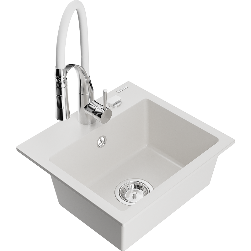 Mexen Milo lavello da cucina in granito a 1 vasca con rubinetto Aster, bianco - 6505-20-73450-02