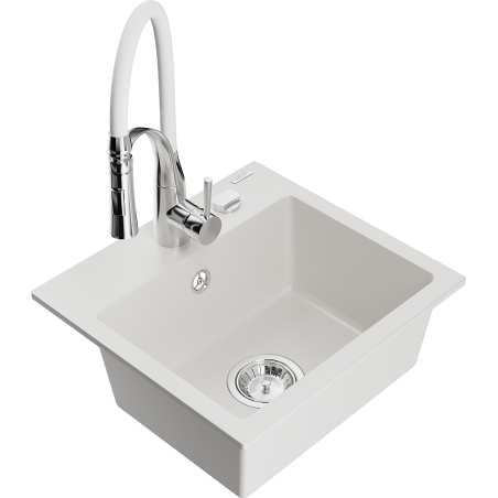 Mexen Milo lavello da cucina in granito a 1 vasca con rubinetto Aster, bianco - 6505-20-73450-02