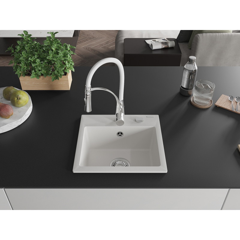 Mexen Milo fregadero de granito de 1 seno con grifo de cocina Aster, blanco - 6505-20-73450-02