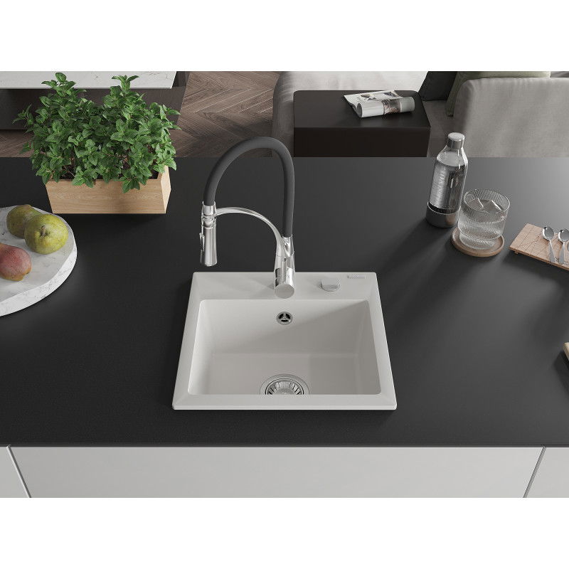 Mexen Milo granieten spoelbak 1-komor met keukenmengkraan Aster, wit - 6505-20-73450-07