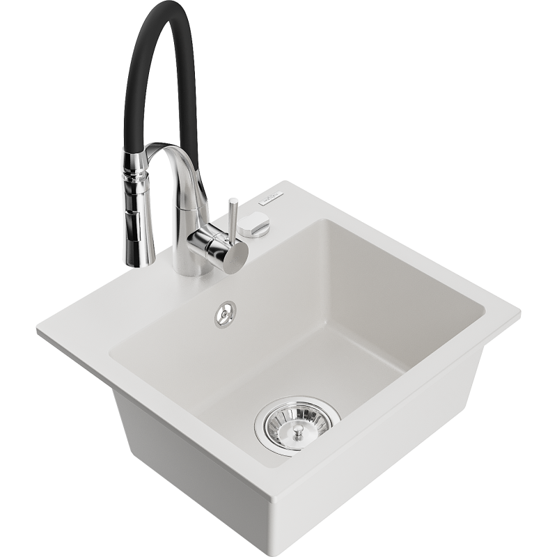 Mexen Milo fregadero de granito de 1 seno con grifo de cocina Aster, blanco - 6505-20-73450-07