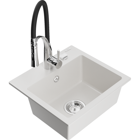 Mexen Milo évier en granit 1 bac avec robinet de cuisine Aster, blanc - 6505-20-73450-07