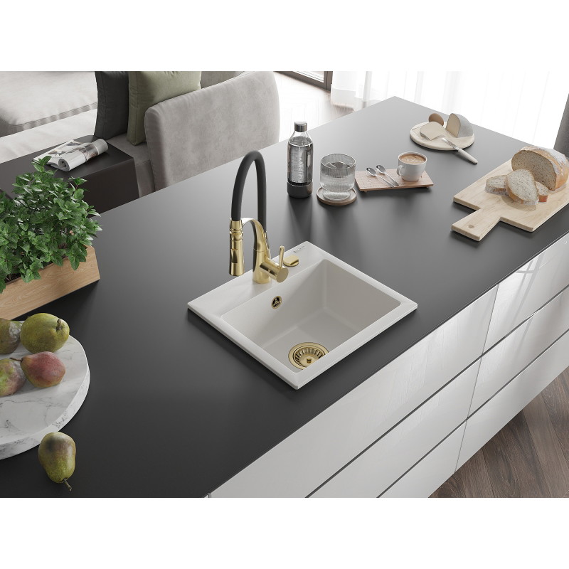 Mexen Milo évier en granit 1 bac avec robinet de cuisine Aster, blanc - 6505-20-73450-57-G