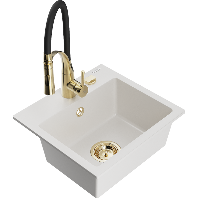 Mexen Milo fregadero de granito de 1 seno con grifo de cocina Aster, blanco - 6505-20-73450-57-G