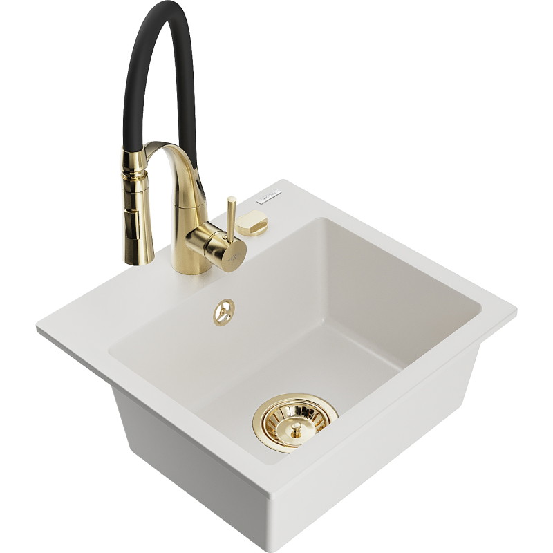 Mexen Milo fregadero de granito de 1 tazón con grifo de cocina Aster, blanco - 6505-20-73450-57-G