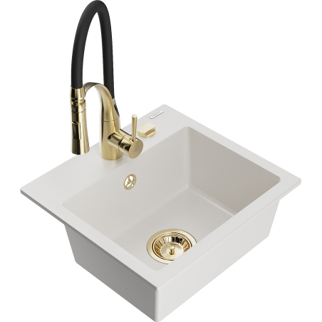 Mexen Milo fregadero de granito de 1 seno con grifo de cocina Aster, blanco - 6505-20-73450-57-G