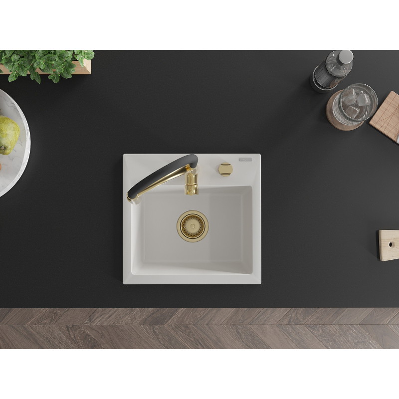 Mexen Milo Granit gootsteen 1-komor met keukenmengkraan Aster, wit - 6505-20-73450-57-G