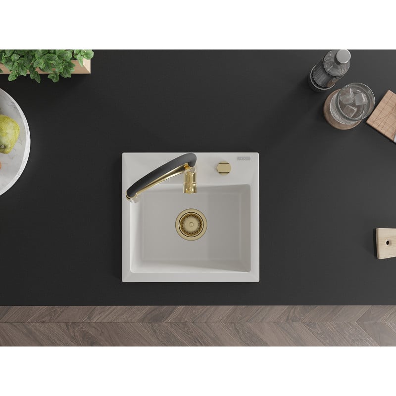 Mexen Milo lavello in granito a 1 vasca con rubinetto da cucina Aster, bianco - 6505-20-73450-57-G