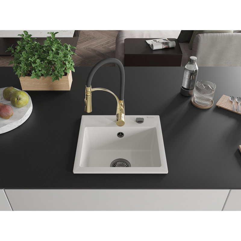 Mexen Milo 1-bowl Granite Kitchen Sink with Aster Tap, White - 6505-20-73450-57-B