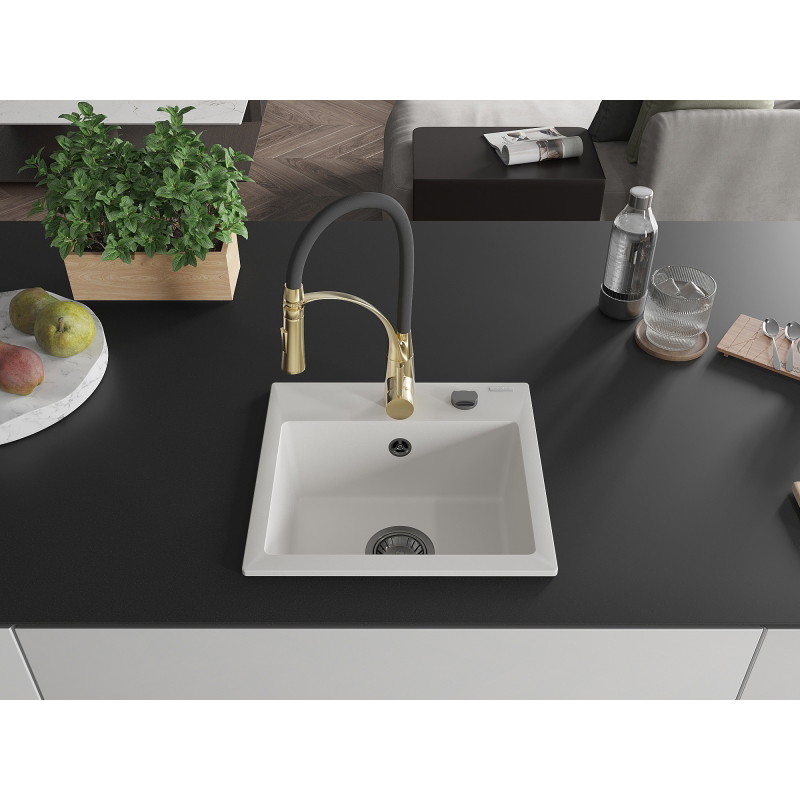 Mexen Milo granitische spoelbak 1-kamer met keukenmengkraan Aster, wit - 6505-20-73450-57-B