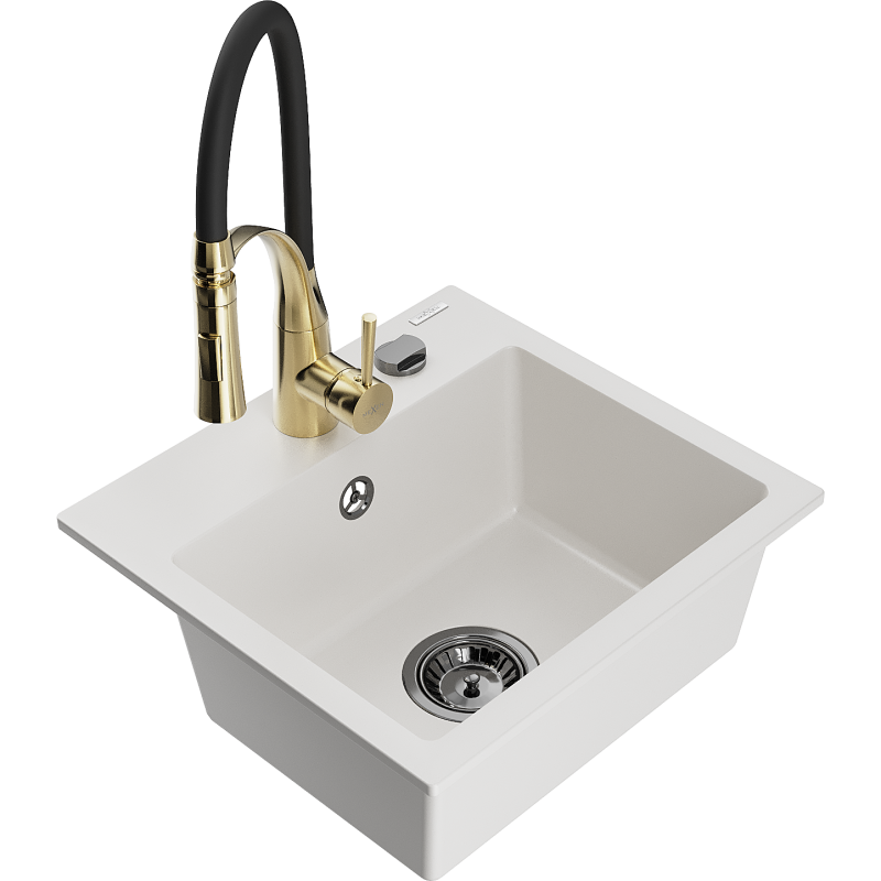 Mexen Milo fregadero de granito de 1 cubeta con grifo de cocina Aster, blanco - 6505-20-73450-57-B
