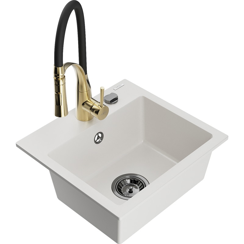 Mexen Milo fregadero de granito de 1 seno con grifo de cocina Aster, blanco - 6505-20-73450-57-B