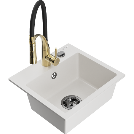 Mexen Milo fregadero de granito de 1 seno con grifo de cocina Aster, blanco - 6505-20-73450-57-B