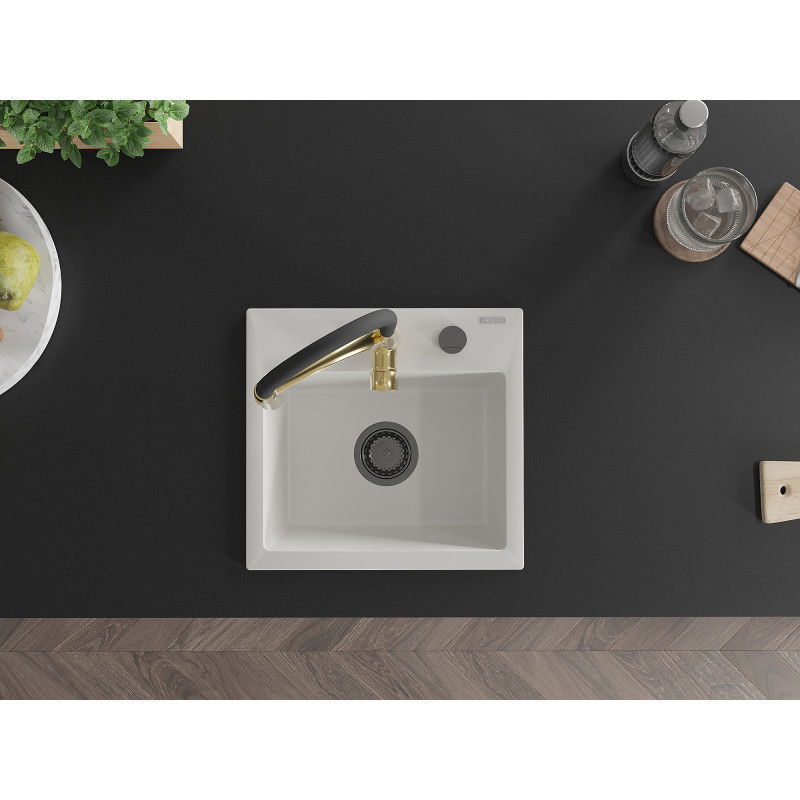 Mexen Milo fregadero de granito de 1 cubeta con grifo de cocina Aster, blanco - 6505-20-73450-57-B
