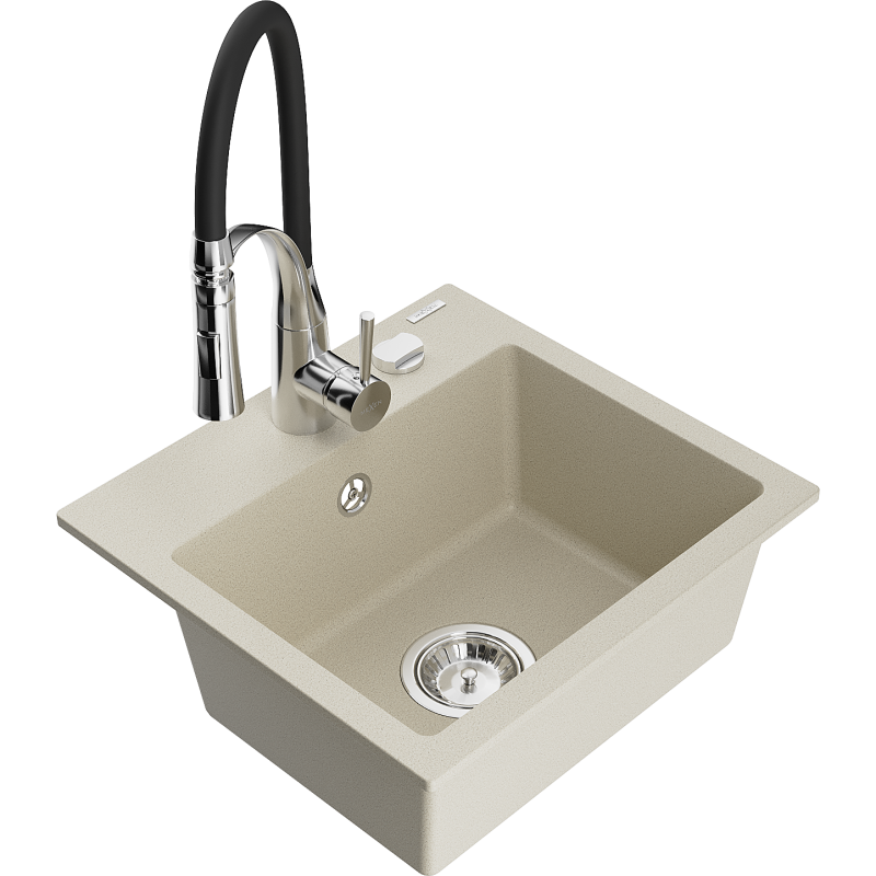 Mexen Milo fregadero de granito de 1 seno con grifo de cocina Aster, beige - 6505-69-73450-07