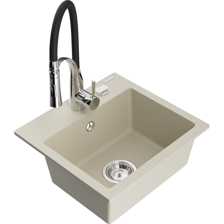 Mexen Milo évier en granit à 1 bac avec robinet de cuisine Aster, beige - 6505-69-73450-07