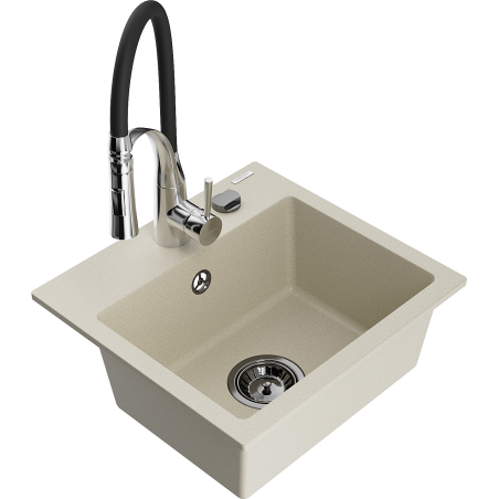 Mexen Milo 1-bowl granite sink with Aster kitchen tap, beige - 6505-69-73450-07-B