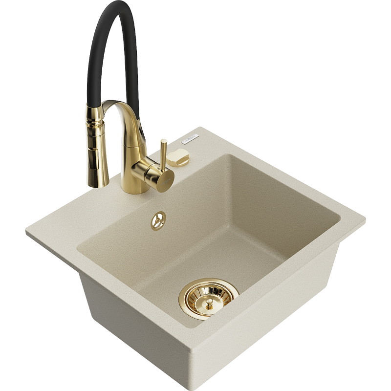 Mexen Milo granieten gootsteen met 1 bak en keukenkraan Aster, beige - 6505-69-73450-57-G
