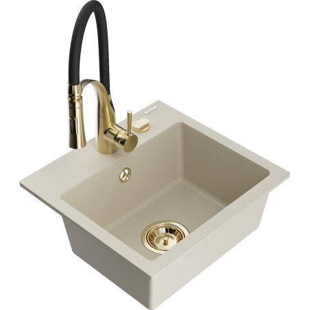 Mexen Milo évier en granit à 1 bac avec robinet de cuisine Aster, beige - 6505-69-73450-57-G
