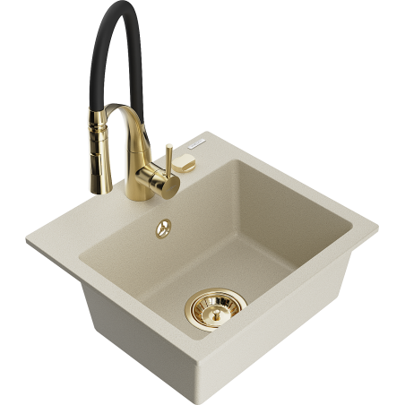 Mexen Milo granitische 1-komorige spoelbak met keukenmengkraan Aster, beige - 6505-69-73450-57-G