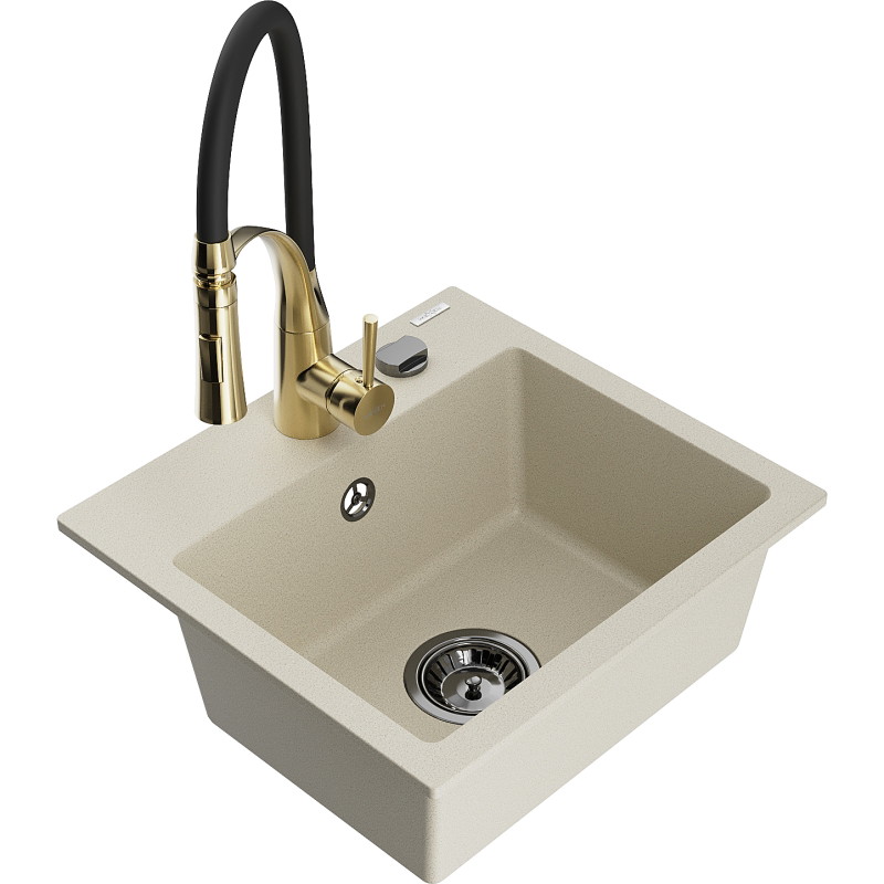 Mexen Milo Granit-Spülbecken 1-Kammer mit Küchenarmatur Aster, beige - 6505-69-73450-57-B