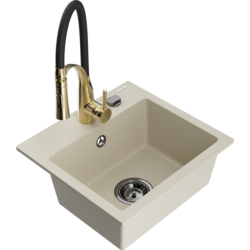 Mexen Milo granite 1-bowl sink with Aster kitchen tap, beige - 6505-69-73450-57-B