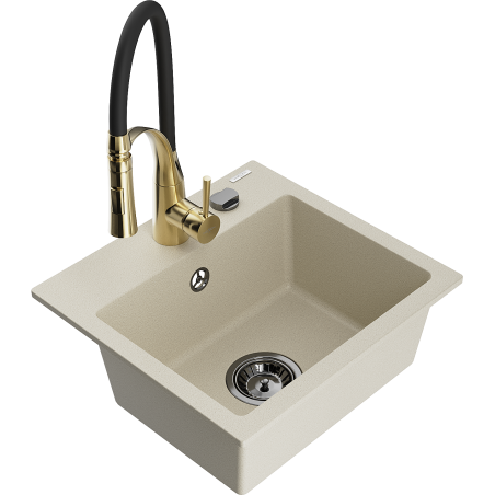 Mexen Milo granite 1-bowl sink with Aster kitchen tap, beige - 6505-69-73450-57-B