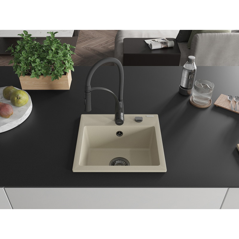 Mexen Milo évier en granit 1 bac avec robinet de cuisine Aster, beige - 6505-69-73450-70-B