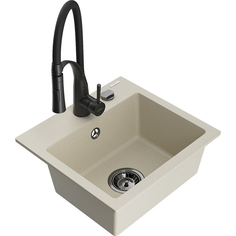 Mexen Milo granitische spoelbak 1-kamerig met keukenmengkraan Aster, beige - 6505-69-73450-70-B