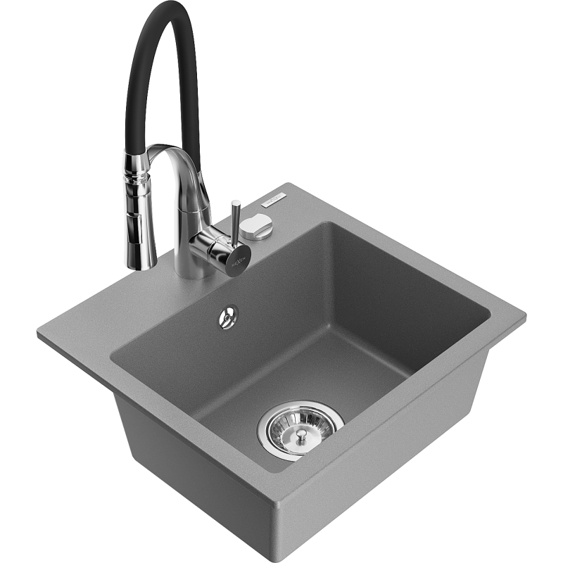 Mexen Milo évier de cuisine en granit 1 bac avec robinet de cuisine Aster, gris - 6505-71-73450-07