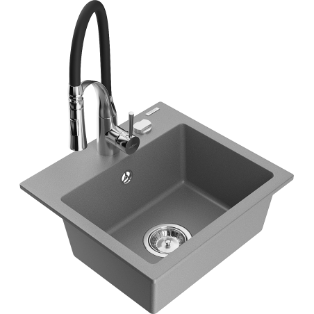 Mexen Milo granite sink 1-bowl with Aster kitchen tap, grey - 6505-71-73450-07