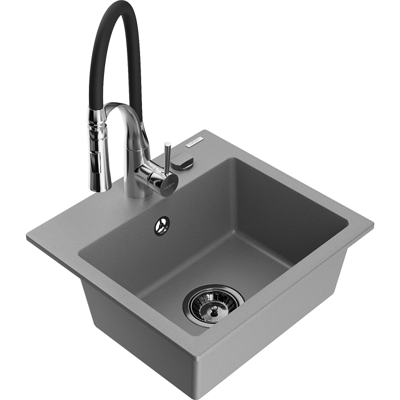 Mexen Milo évier en granit 1 bac avec robinet de cuisine Aster, gris - 6505-71-73450-07-B