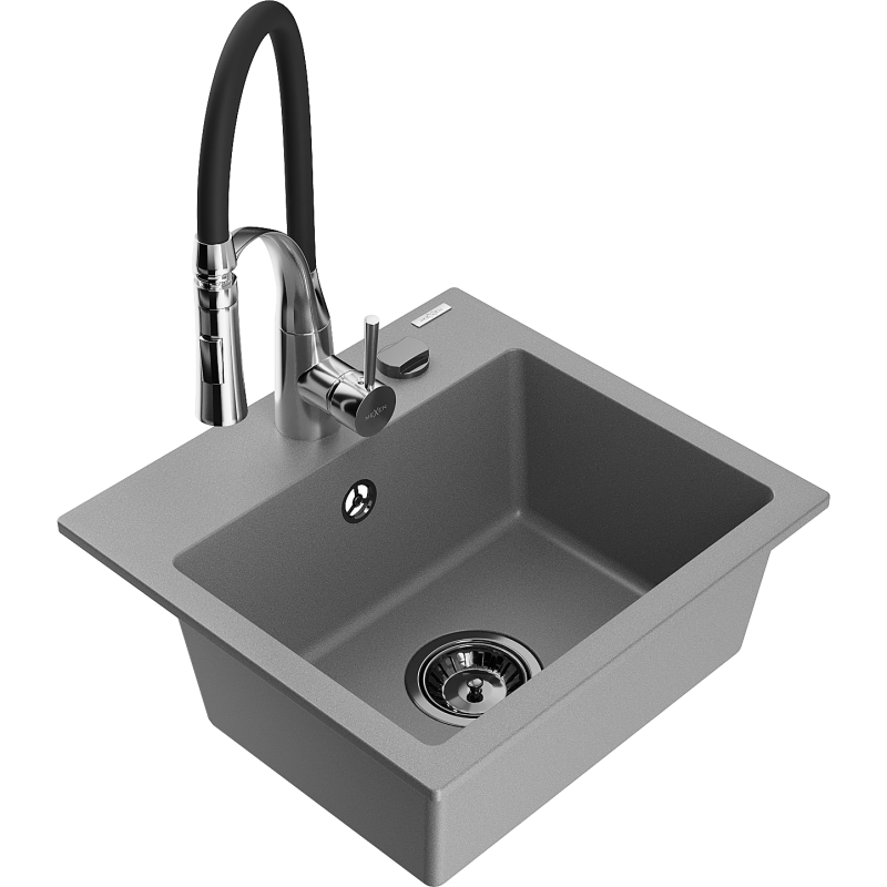 Mexen Milo fregadero de granito 1 cubeta con grifo de cocina Aster, gris - 6505-71-73450-07-B