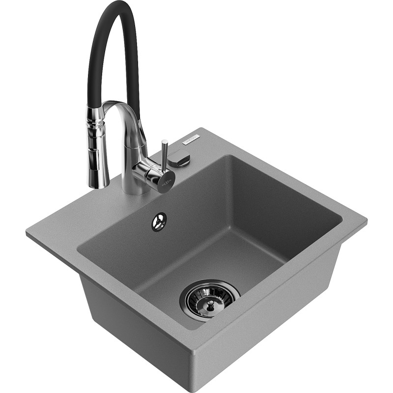 Mexen Milo fregadero de granito de 1 compartimento con grifo de cocina Aster, gris - 6505-71-73450-07-B