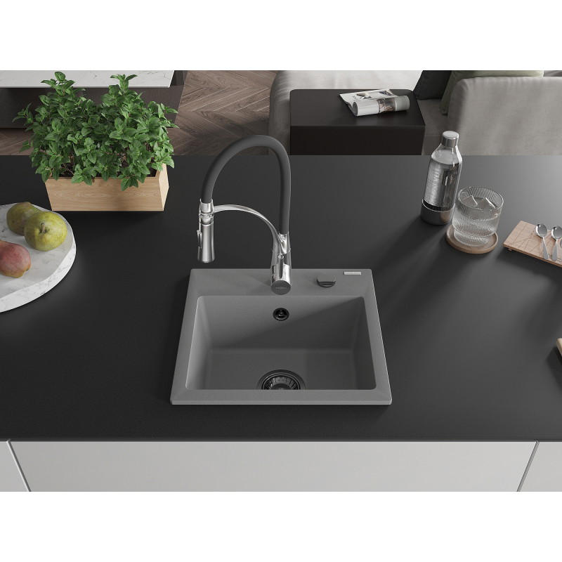 Mexen Milo évier en granit à 1 bac avec robinet de cuisine Aster, gris - 6505-71-73450-07-B