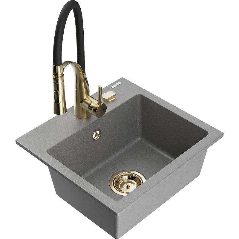 Mexen Milo granite sink 1-bowl with Aster kitchen tap, grey - 6505-71-73450-57-G