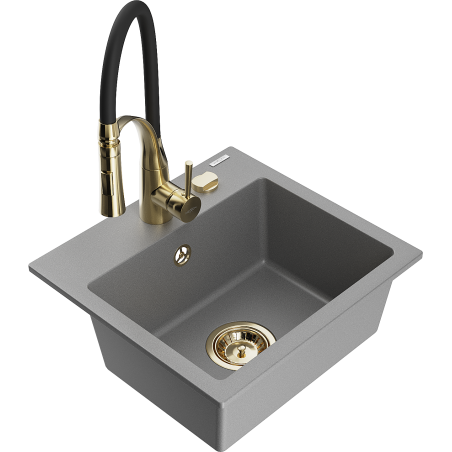 Mexen Milo Granitspüle 1-Becken mit Küchenarmatur Aster, Grau - 6505-71-73450-57-G
