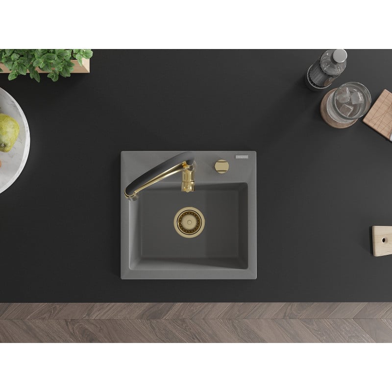 Mexen Milo Granitspüle 1-Becken mit Küchenarmatur Aster, Grau - 6505-71-73450-57-G
