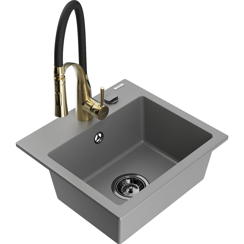 Mexen Milo granitische spoelbak met 1 bak en keukenkraan Aster, grijs - 6505-71-73450-57-B