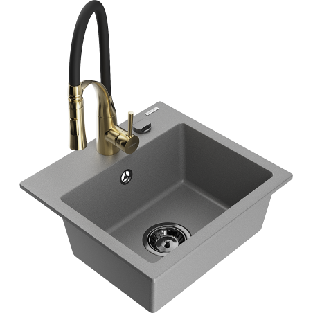 Mexen Milo fregadero de granito de 1 cubeta con grifo de cocina Aster, gris - 6505-71-73450-57-B