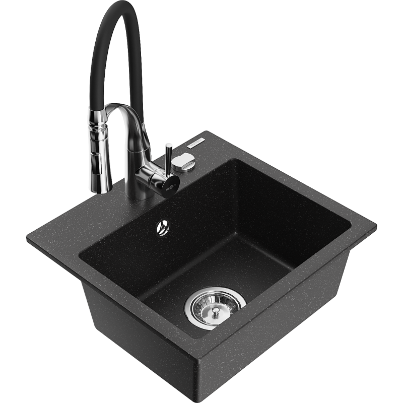 Mexen Milo Granitspüle 1-Becken mit Küchenarmatur Aster, schwarz/silber metallic - 6505-73-73450-07